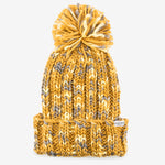 Riding Pom Chunky Knit Yellow Beanie Headwear cuffed heavy weight fleece lined marled yarn