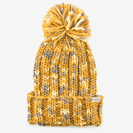 Riding Pom Chunky Knit Yellow Beanie Headwear cuffed heavy weight fleece lined marled yarn